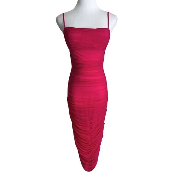 ARITZIA BABATON LUXOR FUCHSIA PINK RUCHED MESH DRESS - 0 - Picture 2 of 13